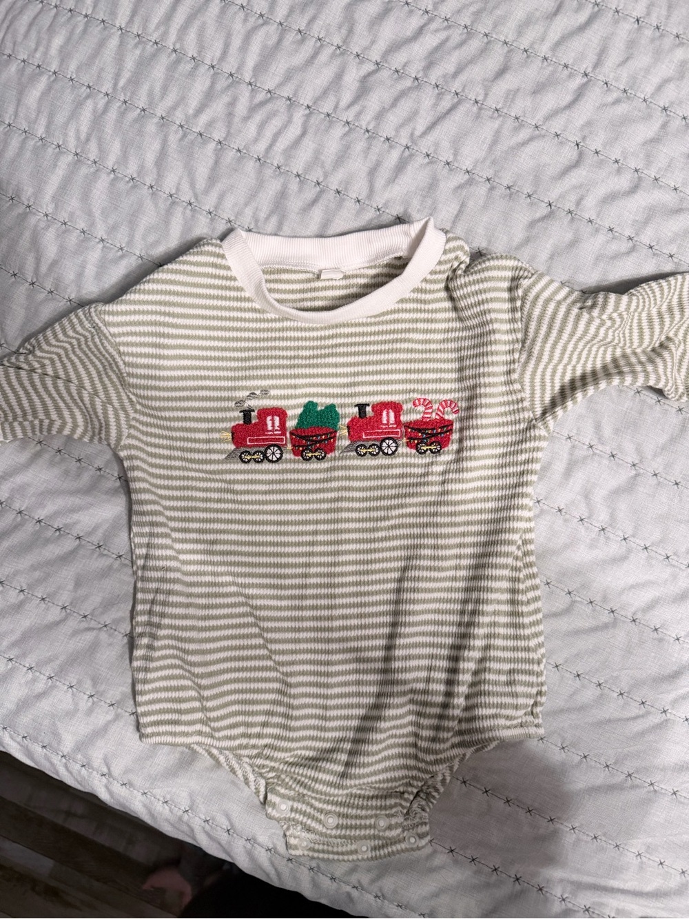 Striped Long-Sleeve Baby Onesie with Red Train Applique